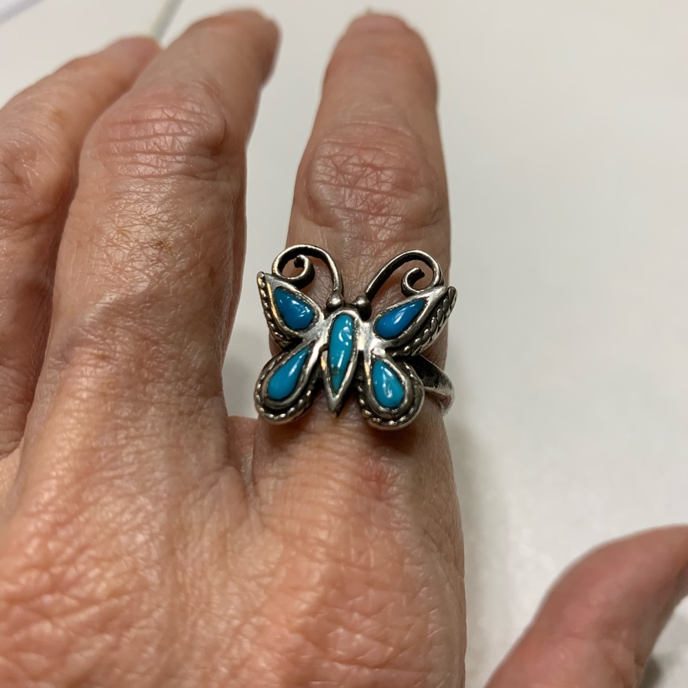 New Silver Turquoise Butterfly Ring 6.5